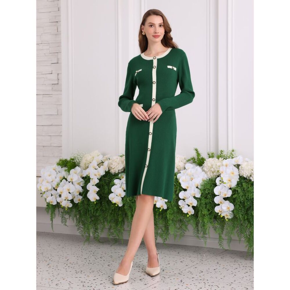 Midi Knit Long Sleeve Sweater Dress Green - Picture 3 of 6